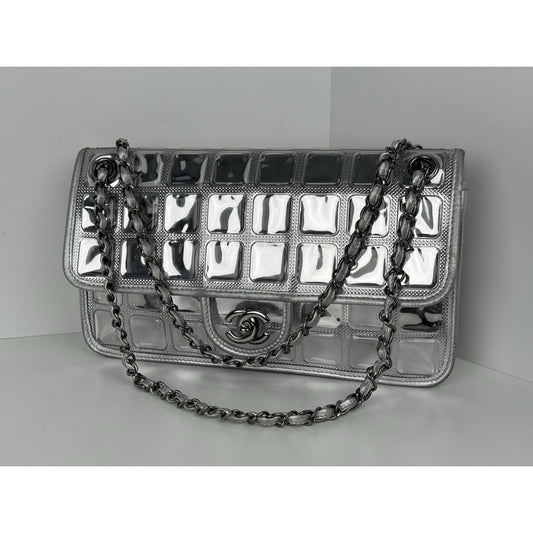 Chanel Classic Flap Ice Cube Chocolate Bar Metallic Silver PVC with Leather Trim