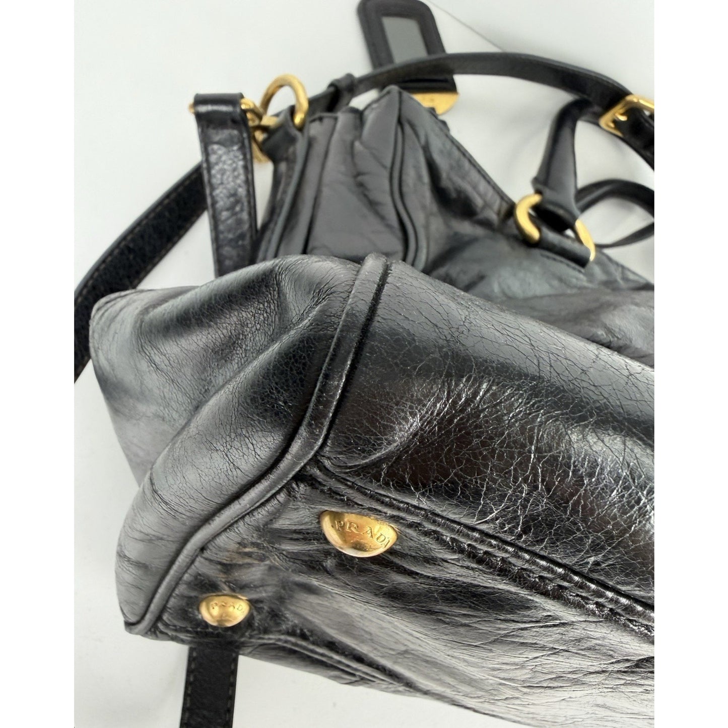 Prada Shopping Satchel Bag Medium Black Vitello Crinkled Leather Gold Hardware S