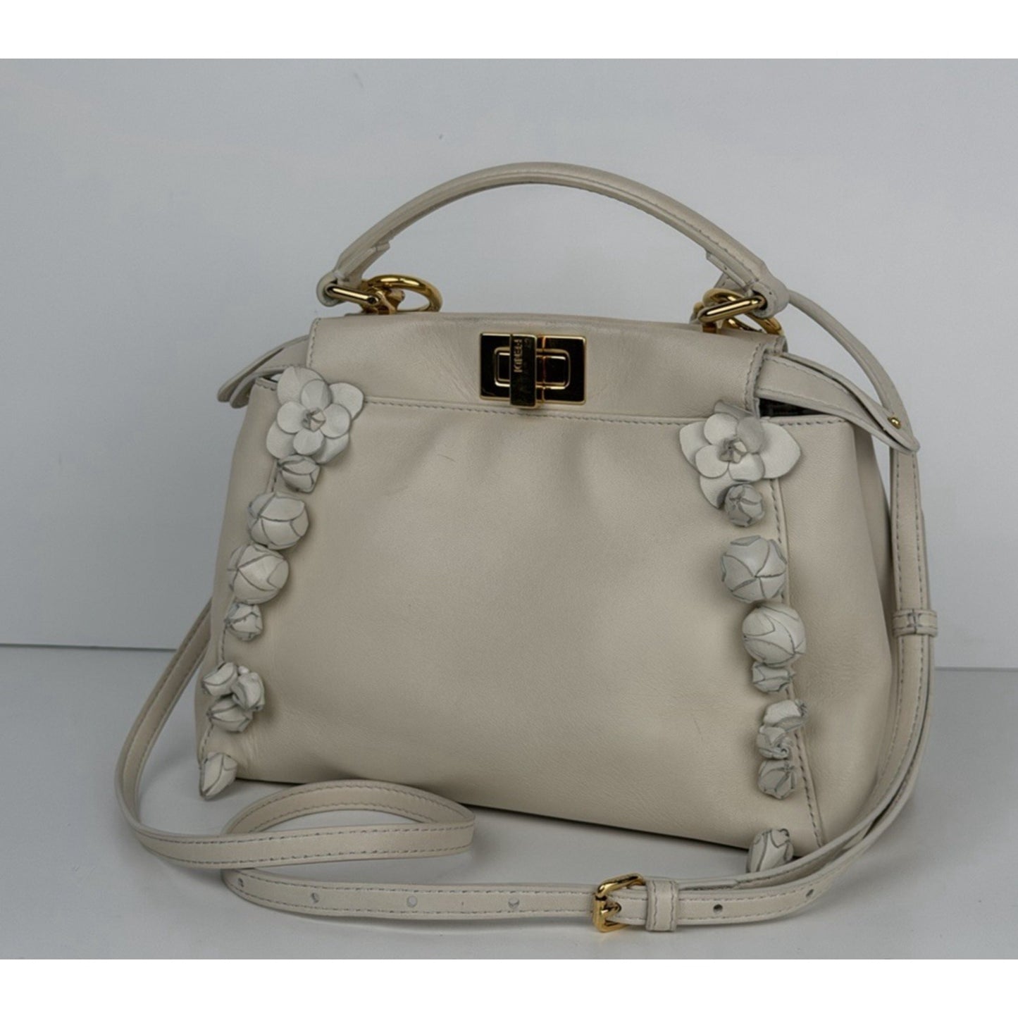Fendi Nappa Rosebud Mini Peekaboo Iconic Satchel in White Lambskin Leather S09