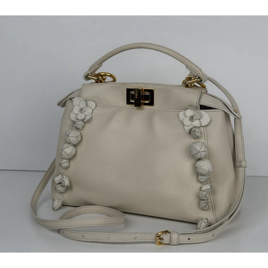 Fendi Nappa Rosebud Mini Peekaboo Iconic Satchel in White Lambskin Leather S09