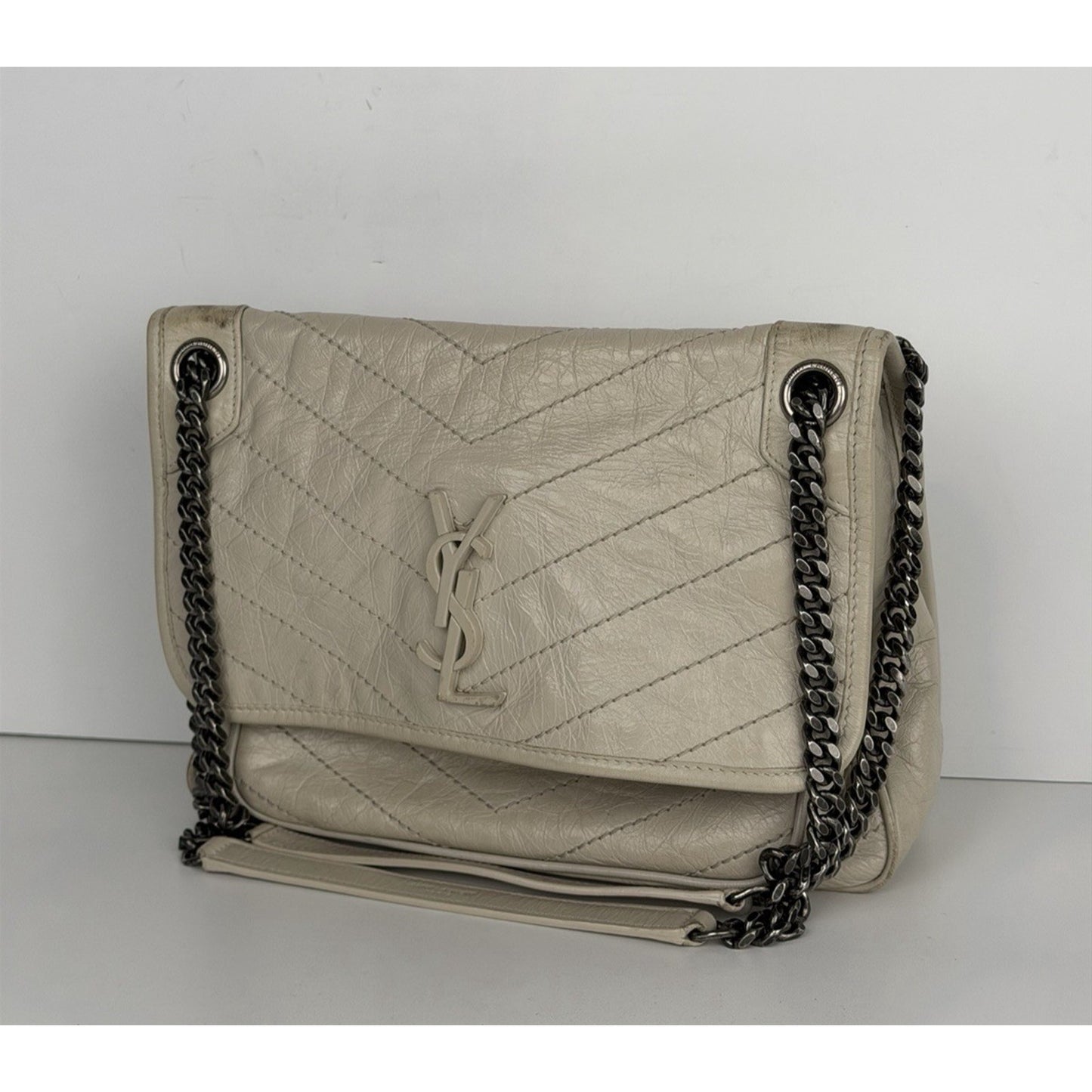 Saint Laurent Niki Medium Chain Satchel Crinkled Calfskin Matelassé Crema C-4