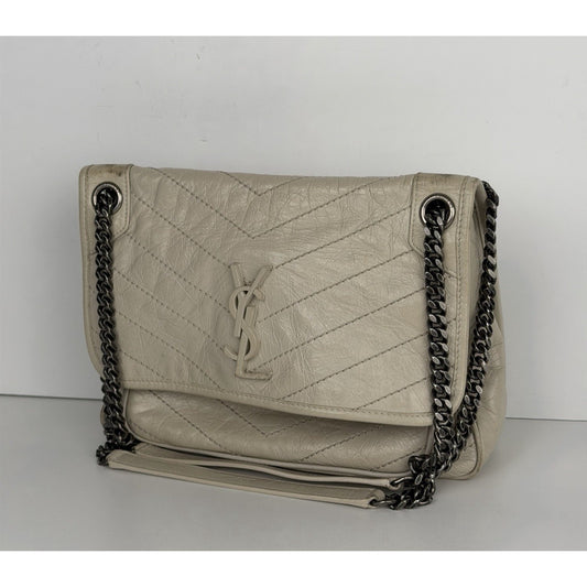 Saint Laurent Niki Medium Chain Satchel Crinkled Calfskin Matelassé Crema C-4