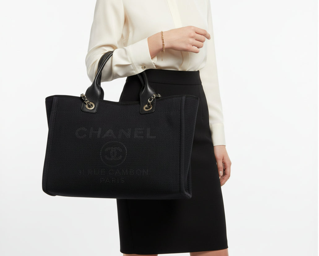 Chanel Deauville Tote Bag Smmall in Black Canvas with Gold-Tone Hardware NFC C4