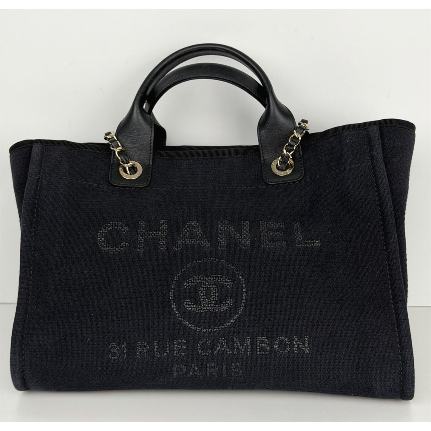 Chanel Deauville Tote Bag Smmall in Black Canvas with Gold-Tone Hardware NFC C4