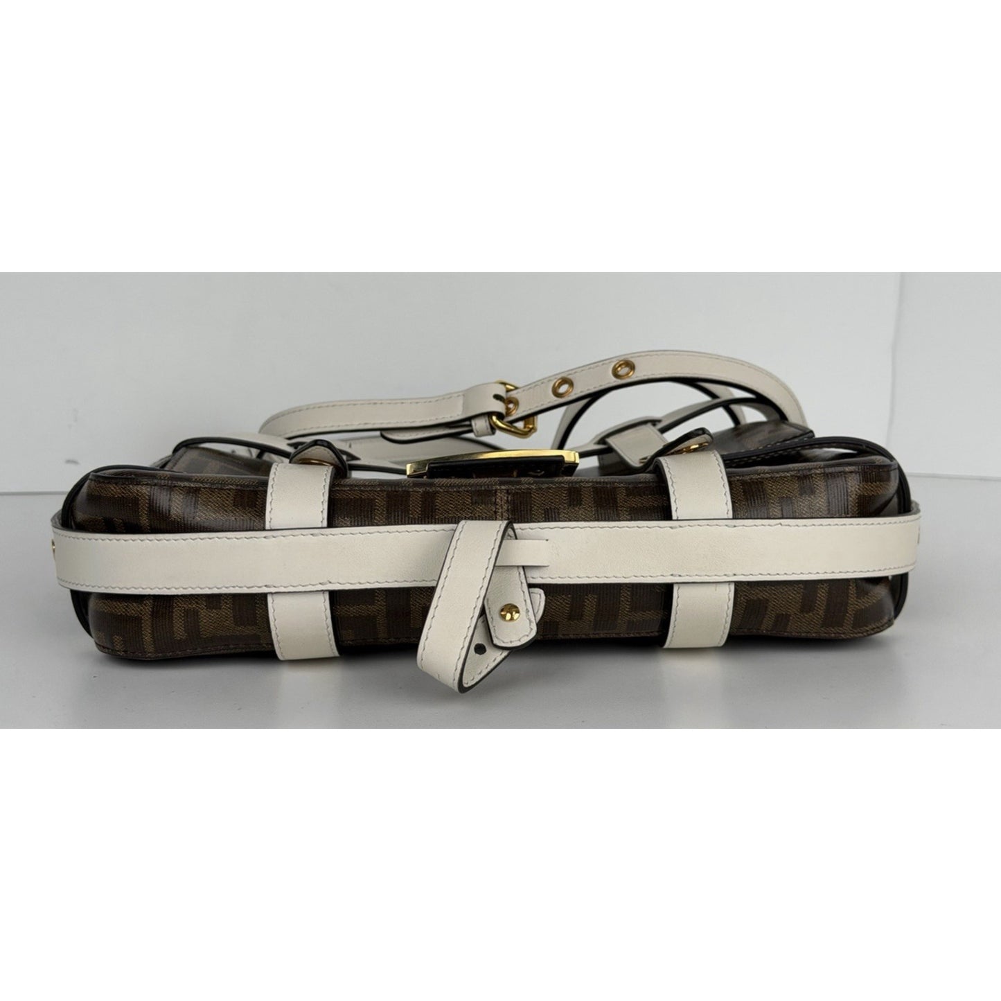 Fendi Zucca Glazed Fabric Cage Baguette Satchel in Tobacco Brown Canvas C2