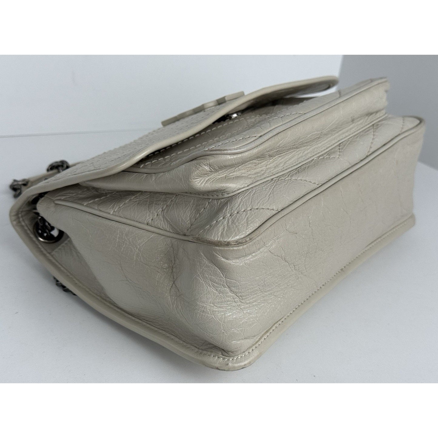 Saint Laurent Niki Medium Chain Satchel Crinkled Calfskin Matelassé Crema Soft