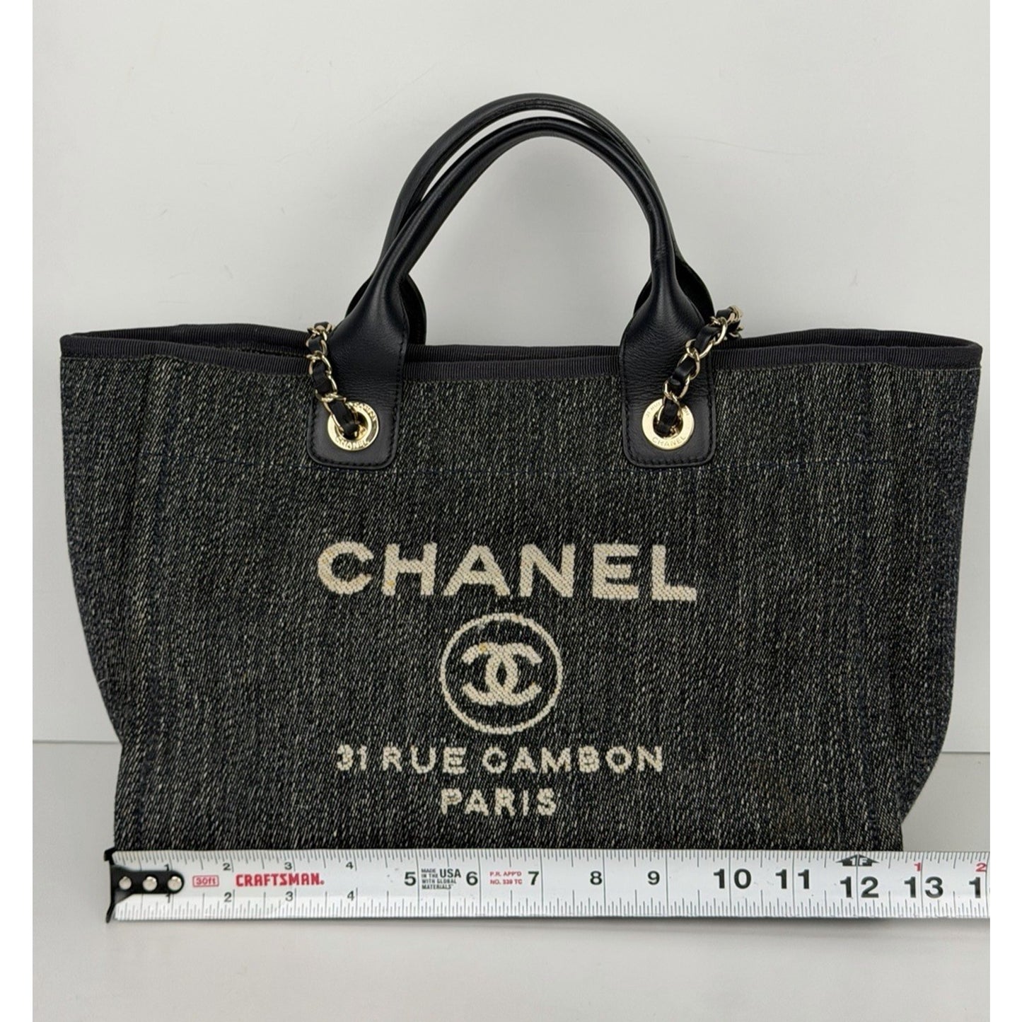 Chanel Denim Deauville Tote Small in Blue and White Toile Canvas NFC E4
