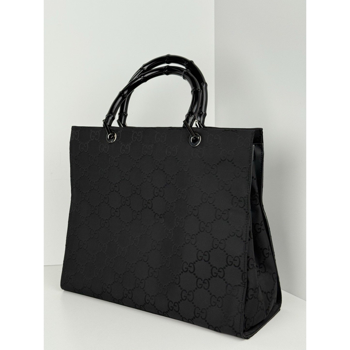 Gucci GG Black Nylon Bamboo Shopper Vintage