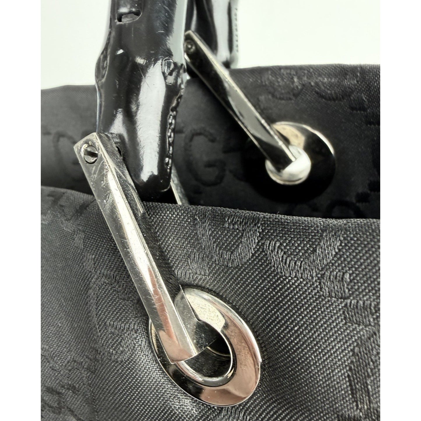 Gucci GG Bamboo Tote Bag Medium Vintage Shopper Sleek Black Monogram Nylon S15