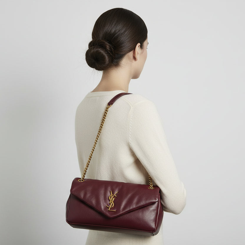Saint Laurent Calypso Small Shoulder Bag in Bordeaux Red Smooth Padded LeatherD6