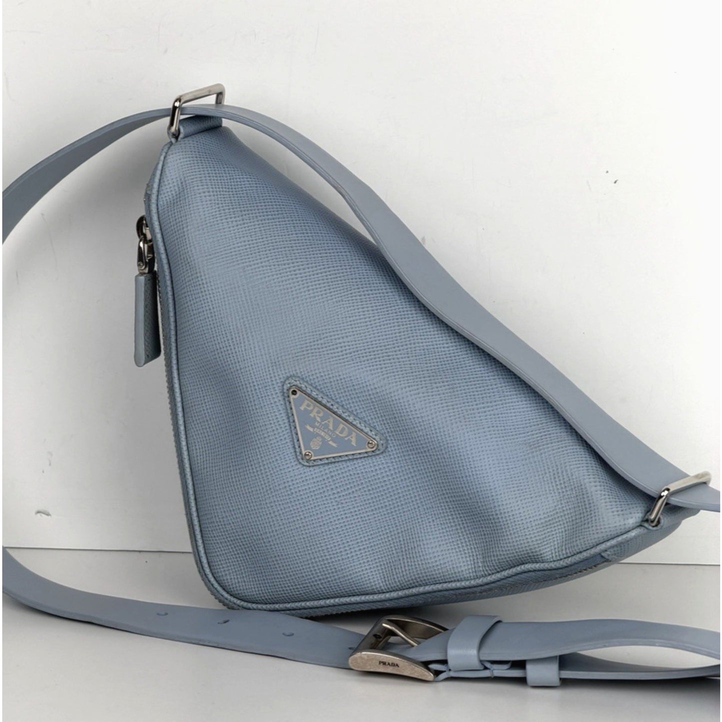 Prada Shoulder Bag Triangle Logo in Light Blue Saffiano Leather S05