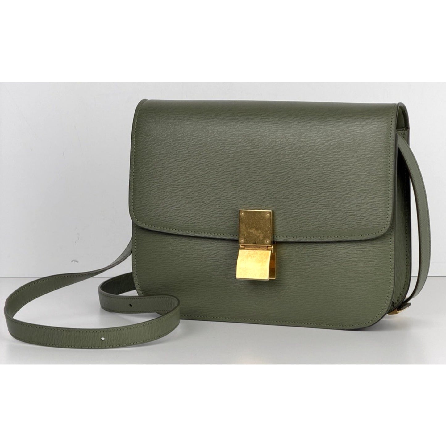 Celine Classic Box Flap Medium Bag in Light Khaki Liege Calfskin Leather S