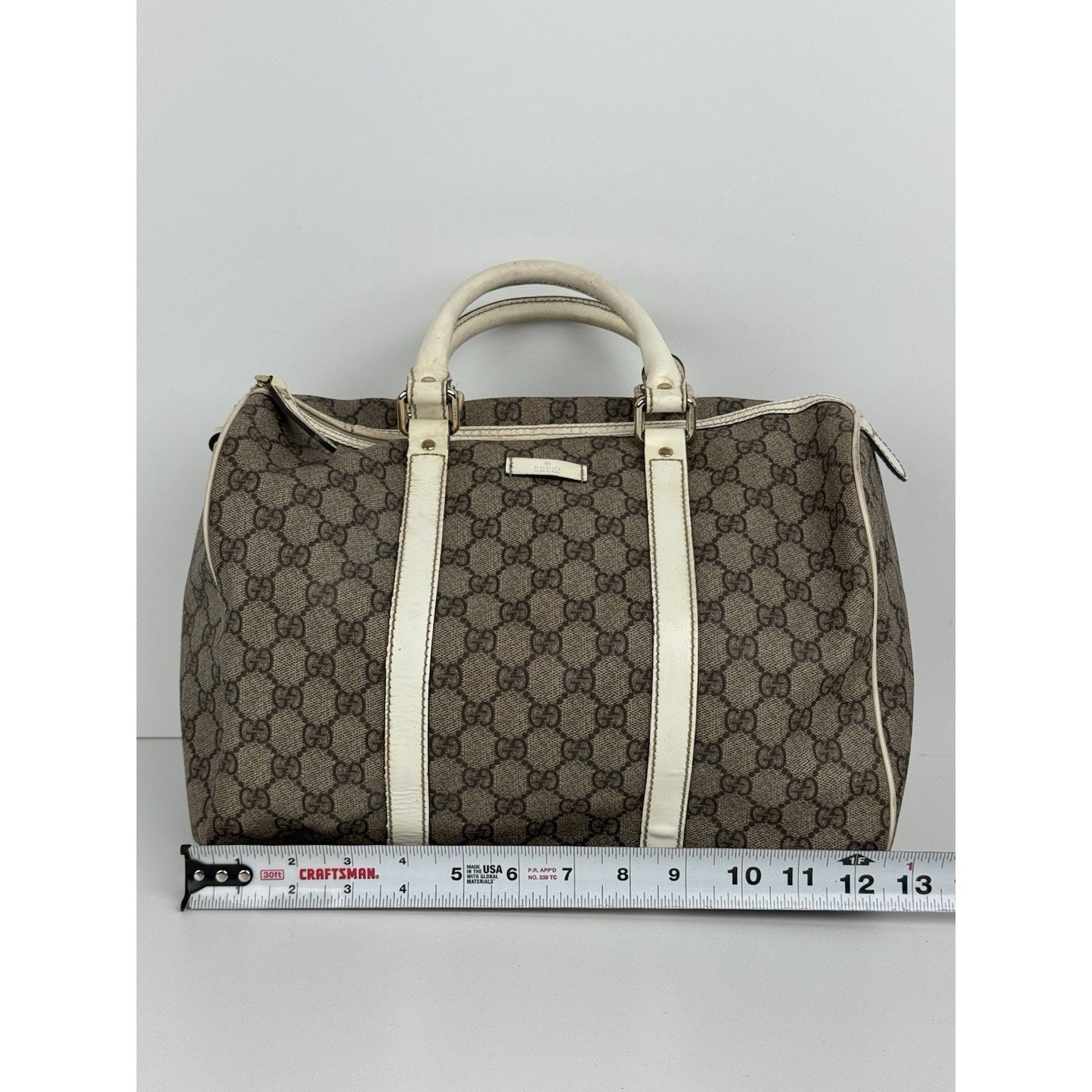 Gucci GG Supreme Medium Joy Boston Bag Brown Canvas White Leather Trim