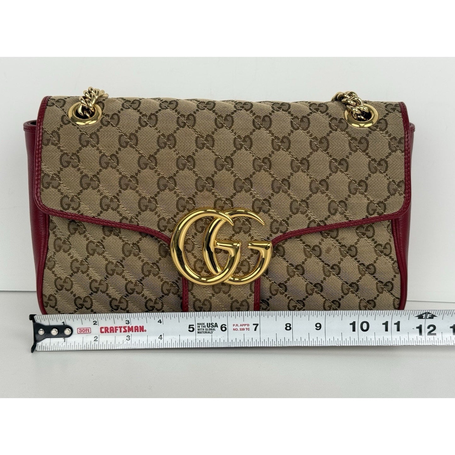 Gucci GG Marmont Monogram Matelassé Diagonal Shoulder Bag Beige and Red
