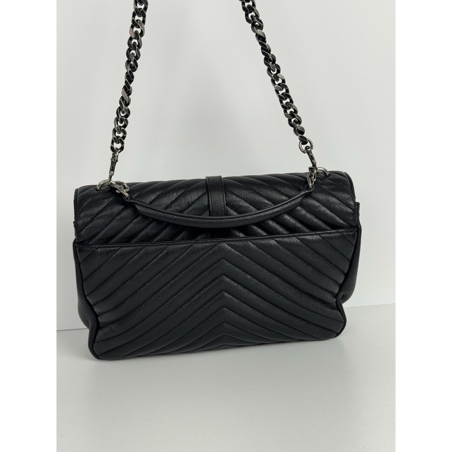 Saint Laurent Large College Satchel Black Chevron Leather Silver Hardware C5