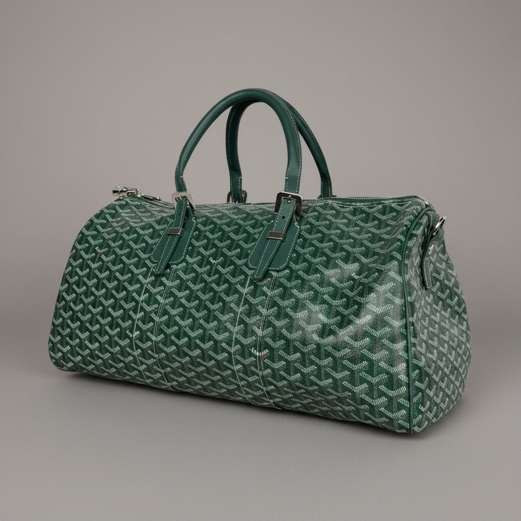 Goyard Boston 45 Travel Bag in Green Goyardine Canvas with Leather Trim