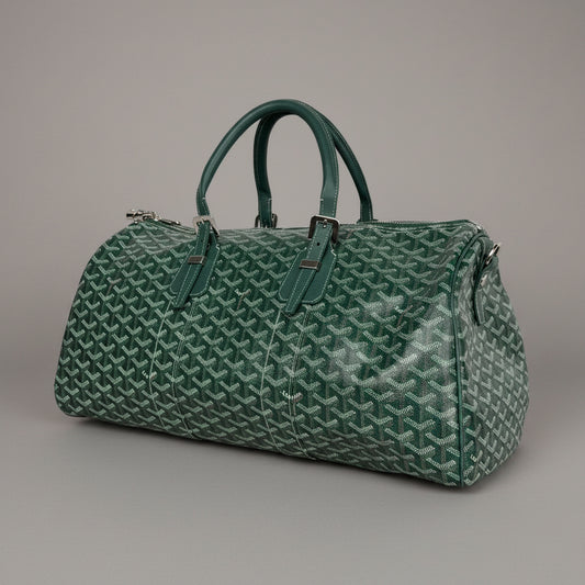 Goyard Boston 45 Travel Bag in Green Goyardine Canvas with Leather Trim