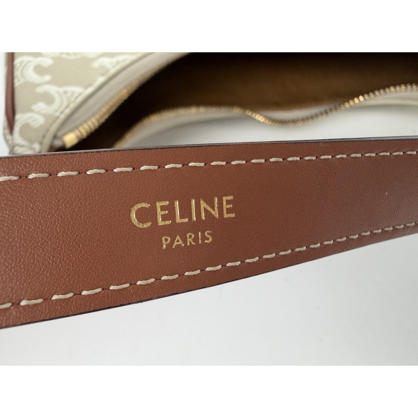 Celine Triomphe Ava Shoulder Bag Beige Coated Canvas with Brown Leather Trim S08