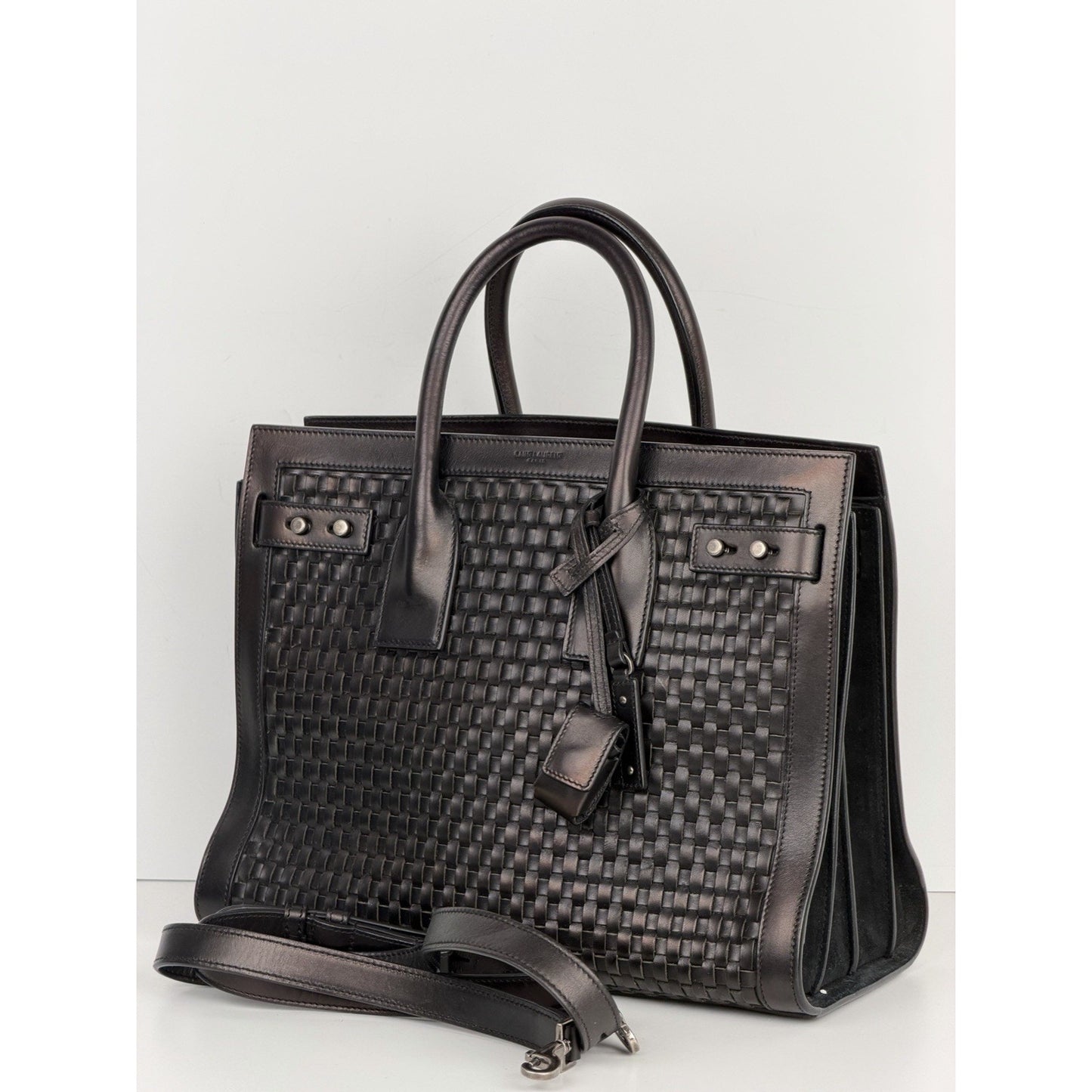 Saint Laurent Woven Sac de Jour Top Handle Bag Small in Black Leather S