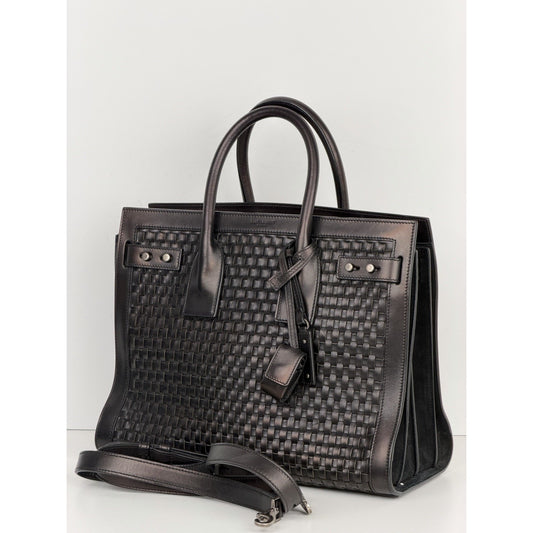 Saint Laurent Woven Sac de Jour Top Handle Bag Small in Black Leather S