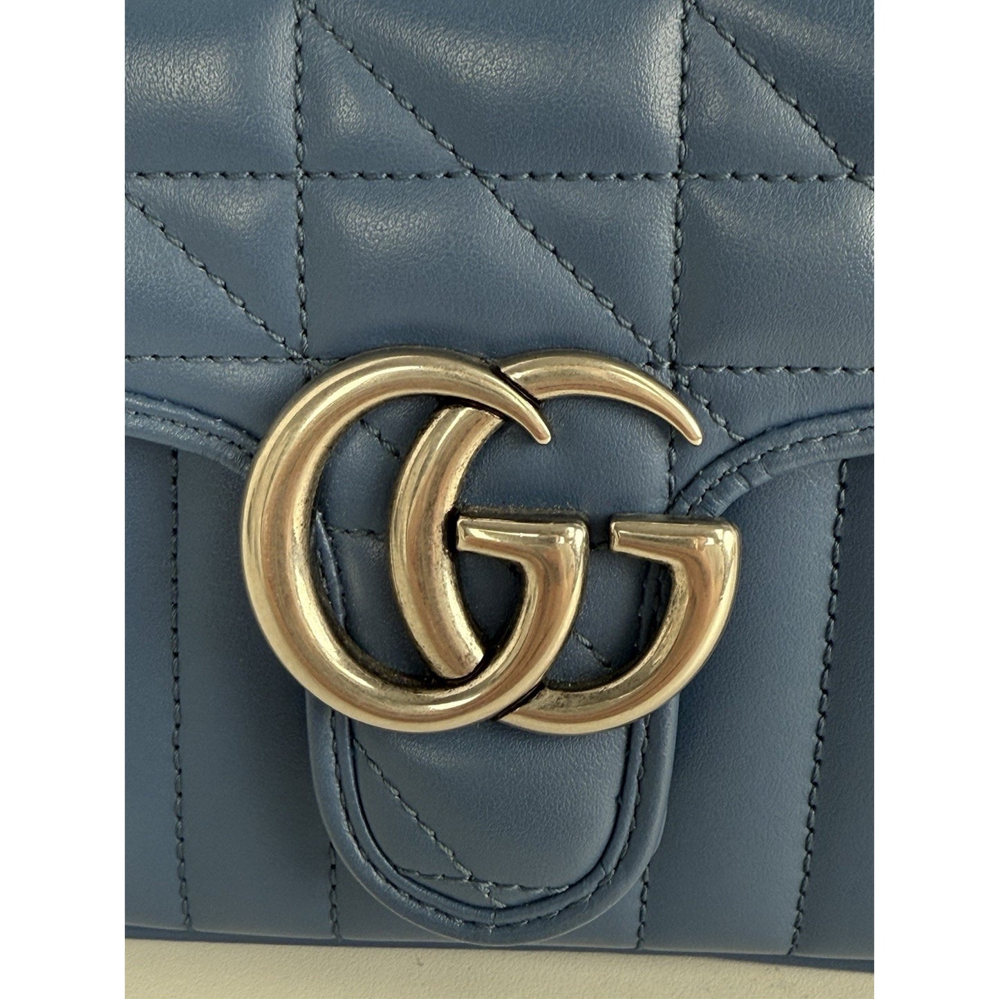 Gucci Double G Blue Leather Matelasse Aria Marmont Mini Top Handle Women's Bag