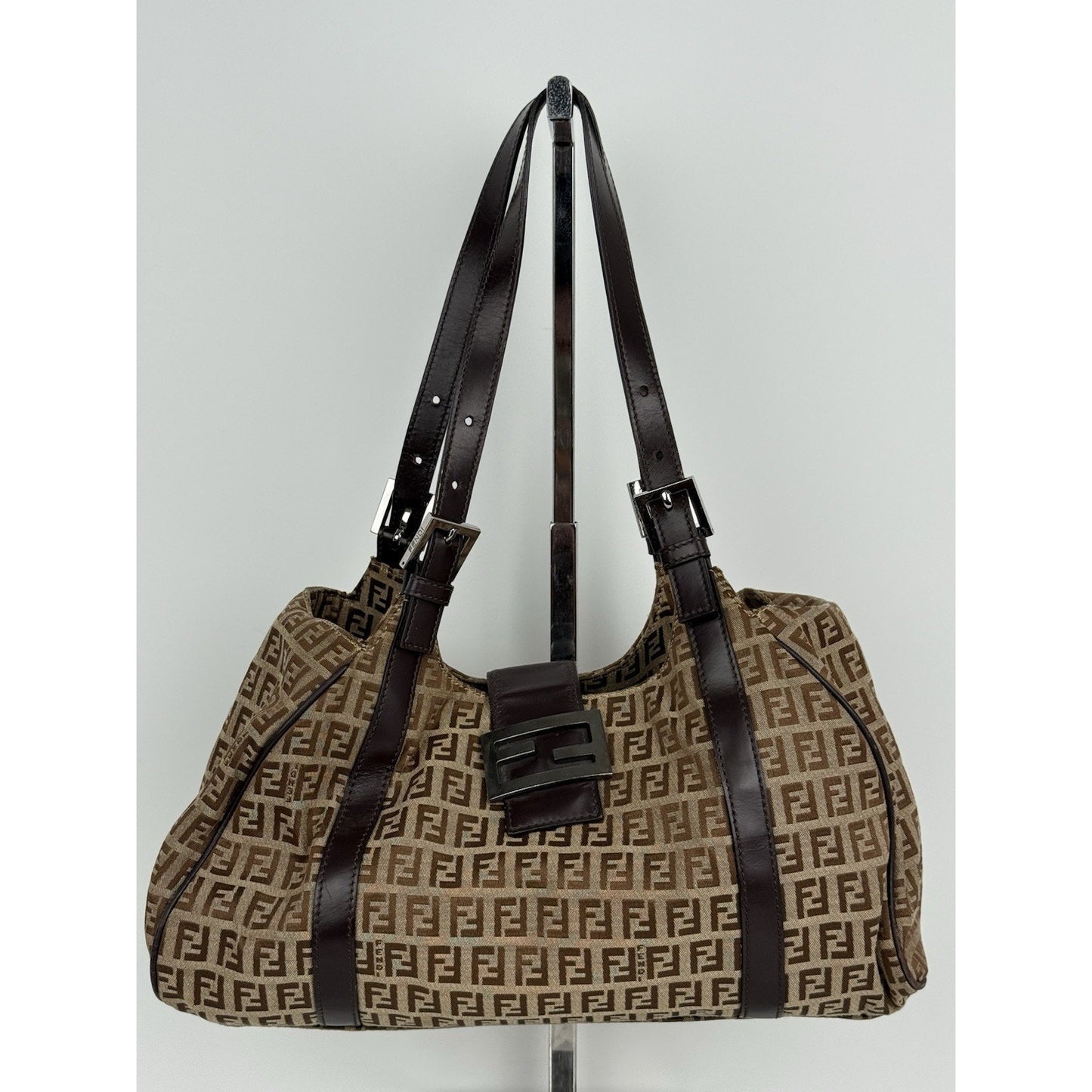 Fendi Zucchino Canvas Monogram Bag with Leather Trim and Silver Hardware