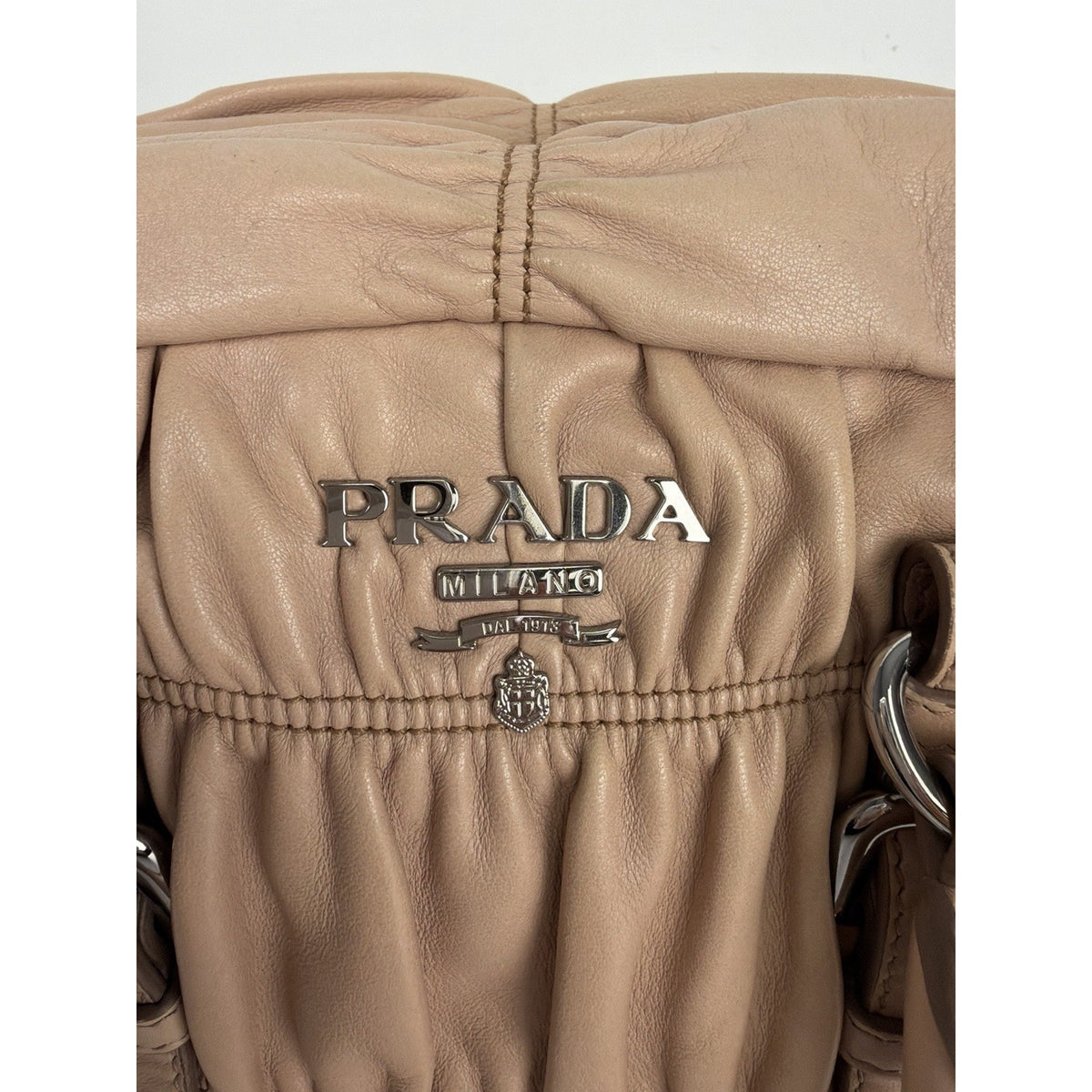 Prada Nappa Gaufre Satchel Shoulder Bag in Beige Leather Silver-Tone Hardware S7