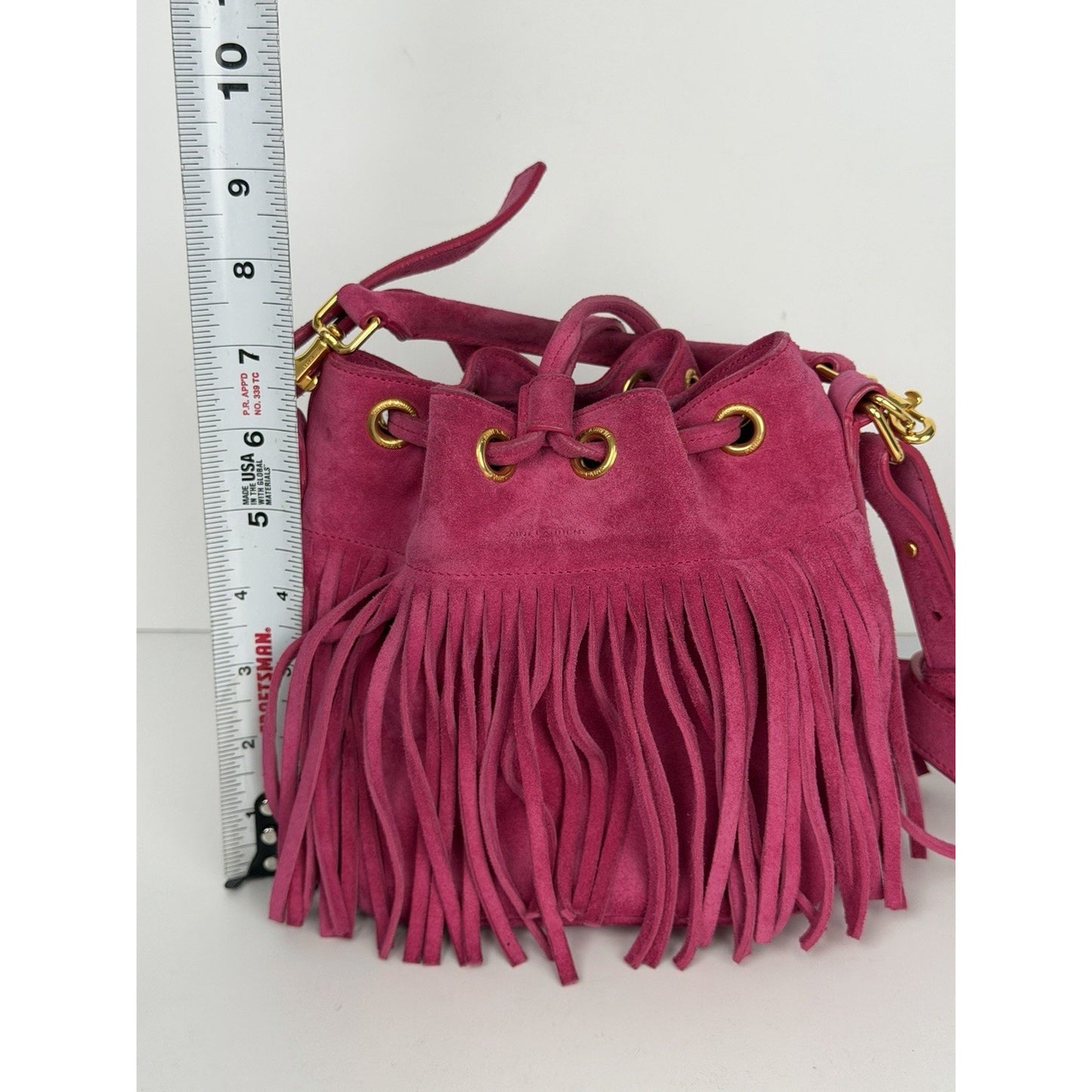 Saint Laurent Emmanuelle Fringe Bucket Bag in Pink Suede F2