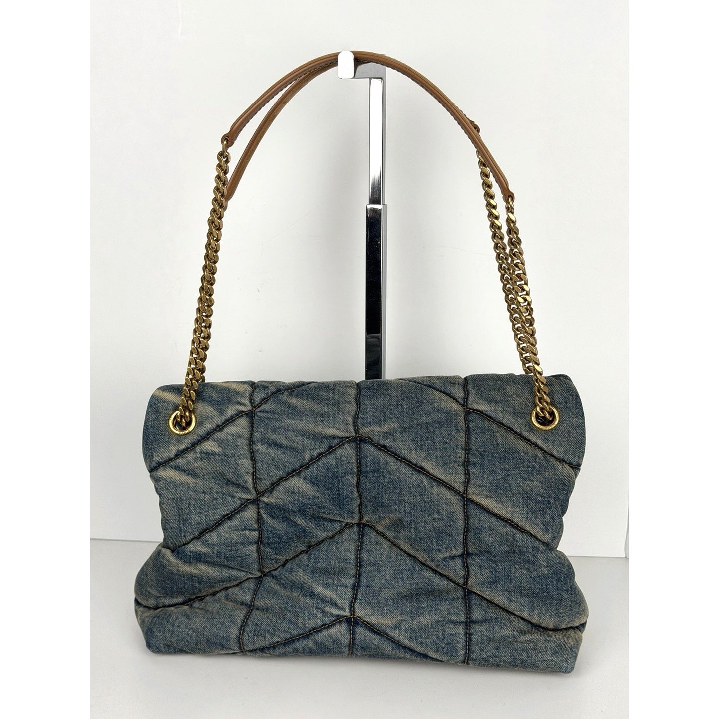 Saint Laurent Loulou Puffer Shoulder Bag Medium in Quilted Blue Denim C-9