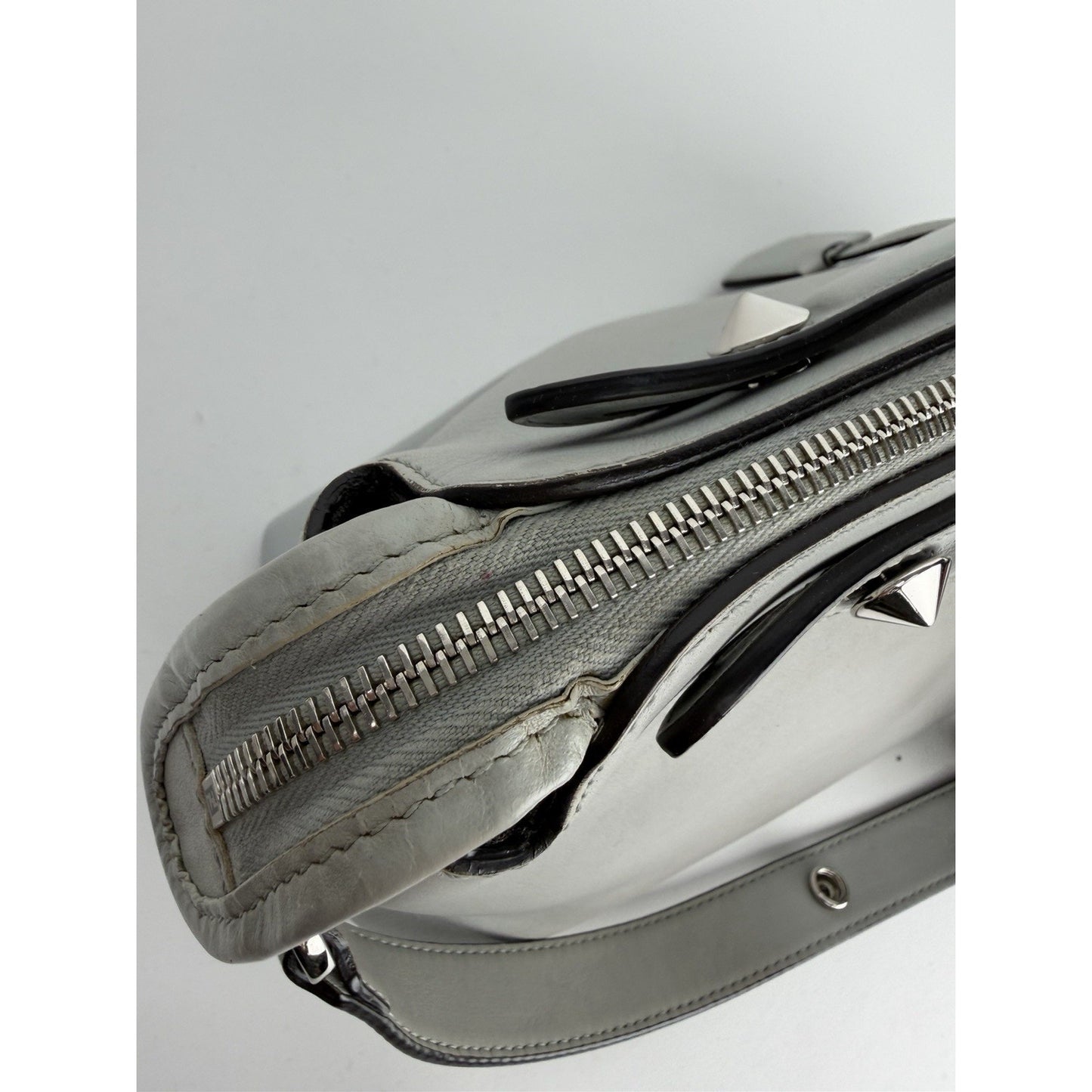 Fendi By The Way Medium Satchel Bag in Gray Leather with Studded Details S01