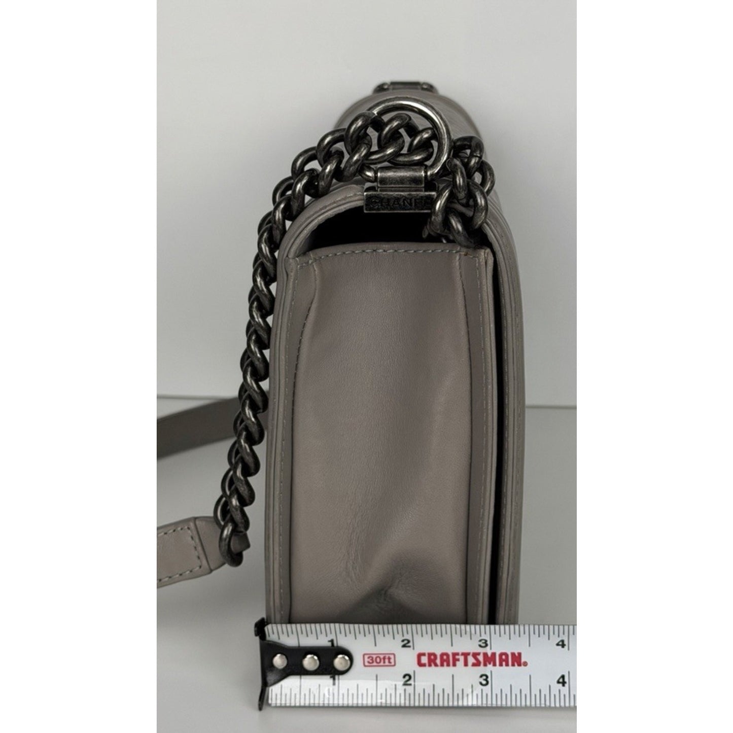 Chanel Boy Bag with Geometric Quilted Pattern in Gray Leather