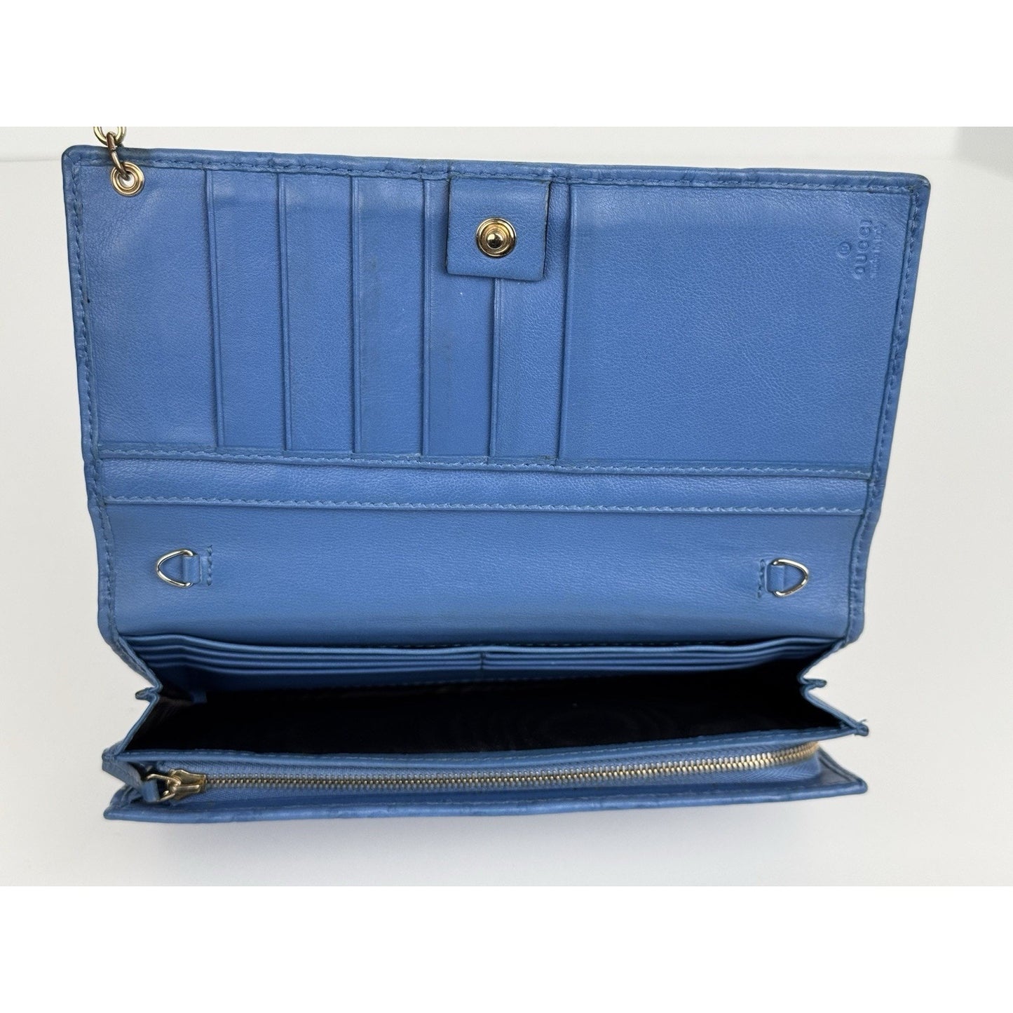 Gucci Blue Guccissima Leather Long Wallet Gold Hardware (Missing Chain)