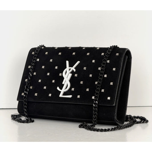 Saint Laurent Suede Kate Small Shoulder Bag in Black with Crystal Studs F2