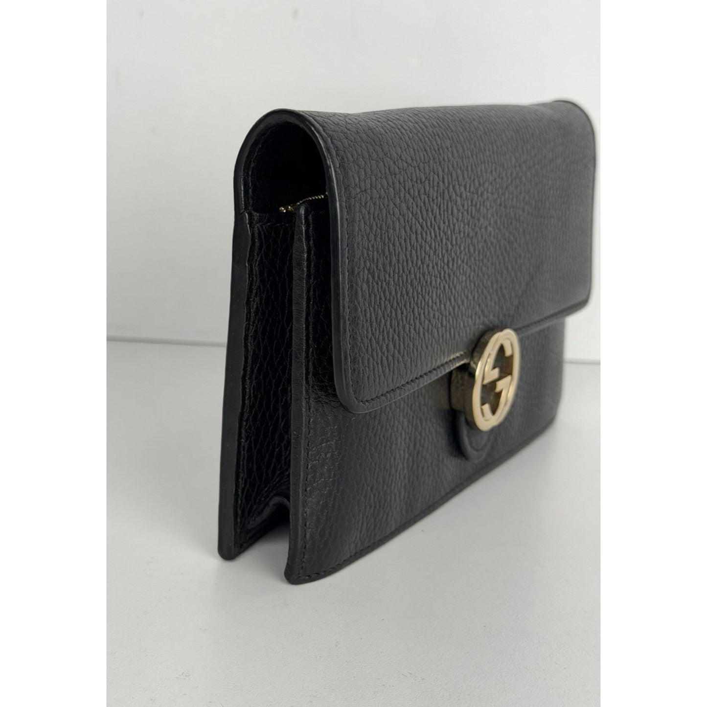 Gucci Pebbled Leather Interlocking G Chain Wallet Clutch Bag&Gold Hardware S