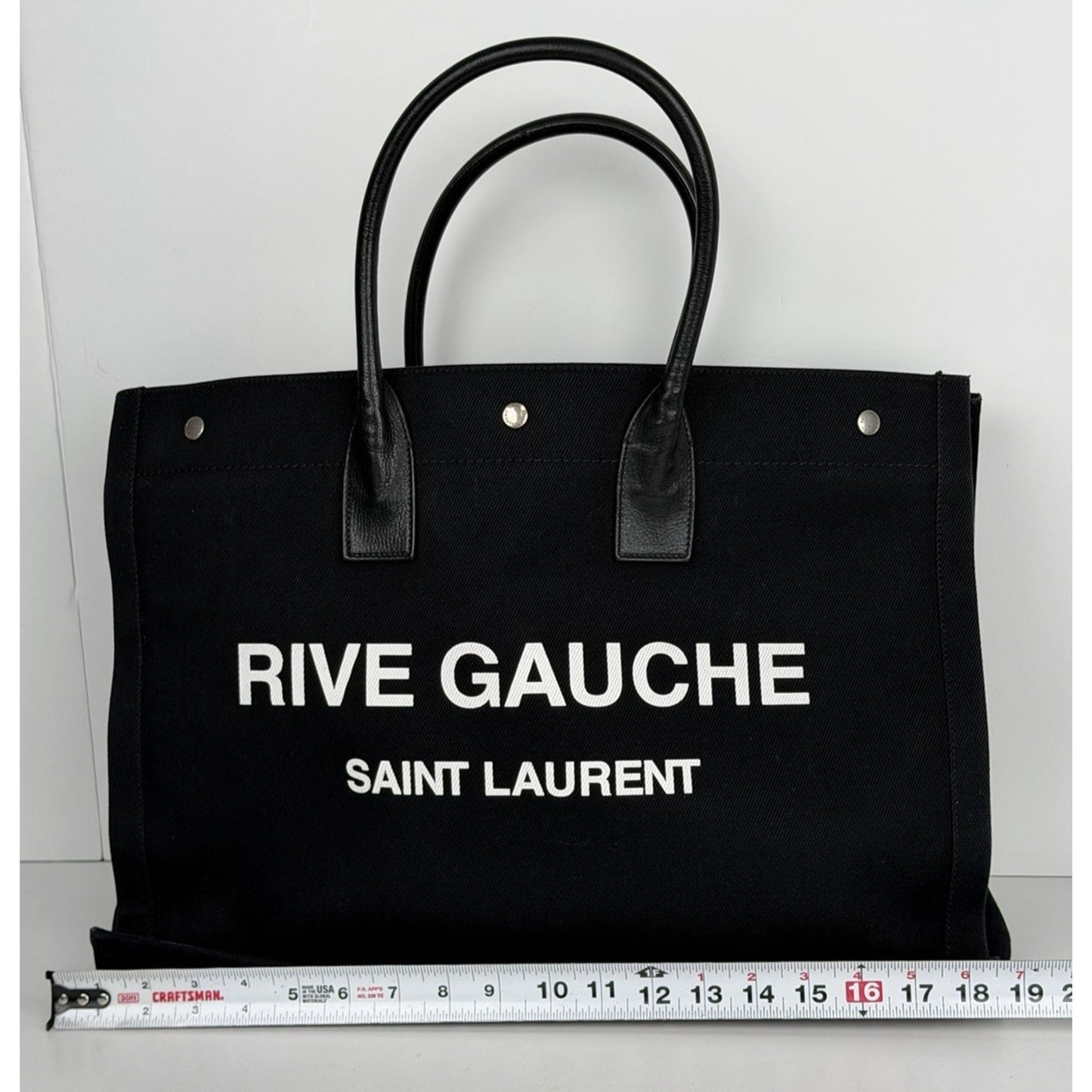 Saint Laurent Rive Gauche Tote Bag Bold White Logo Printed Black Canvas S