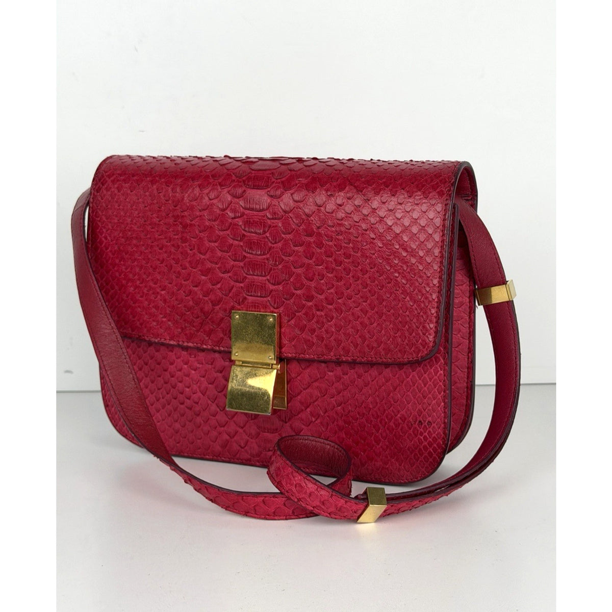 Celine Medium Classic Box Flap Shoulder Bag Red Python Leather Gold Hardware C-1