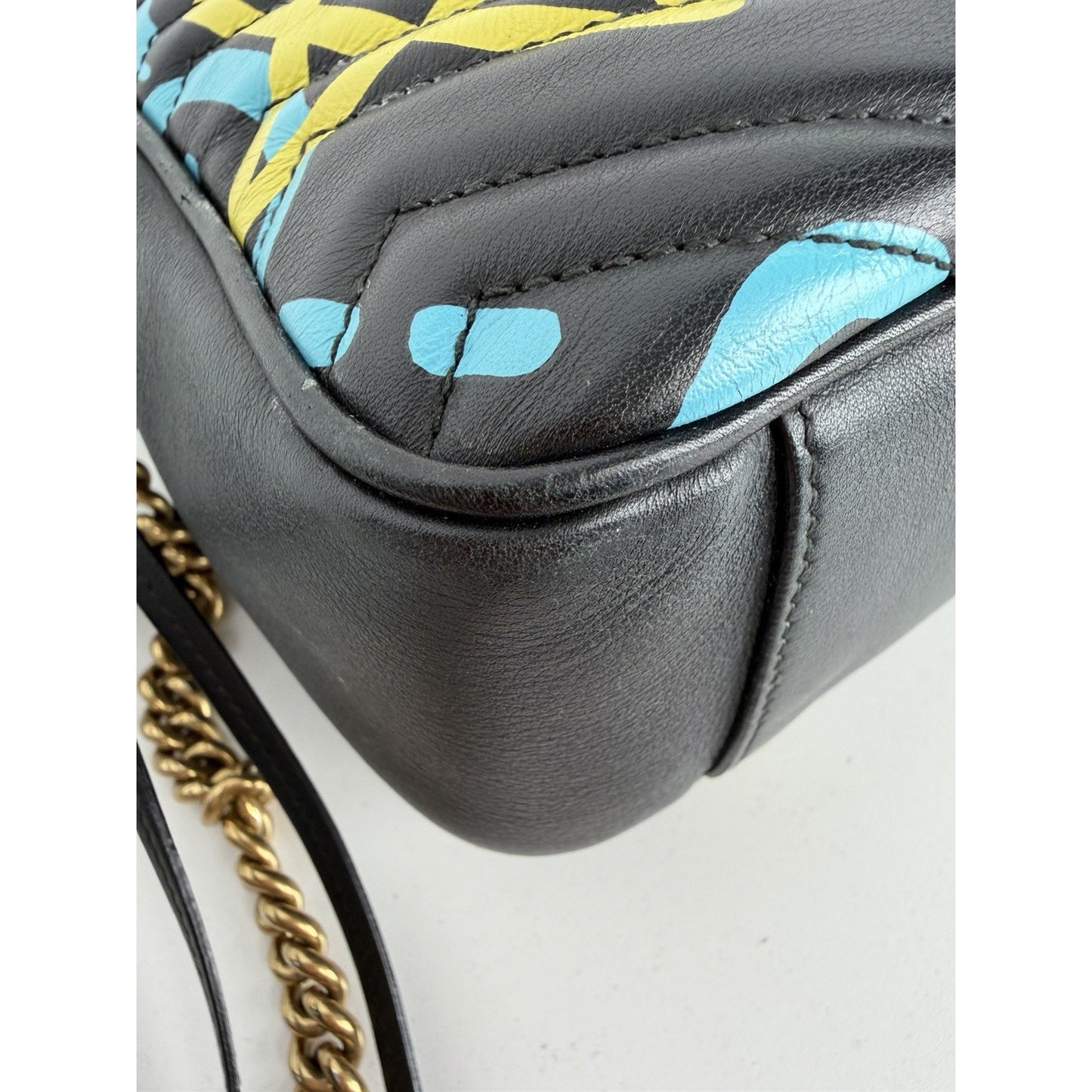 Gucci Ghost GG Marmont Camera Bag Medium in Black Leather with Graffiti Print S1
