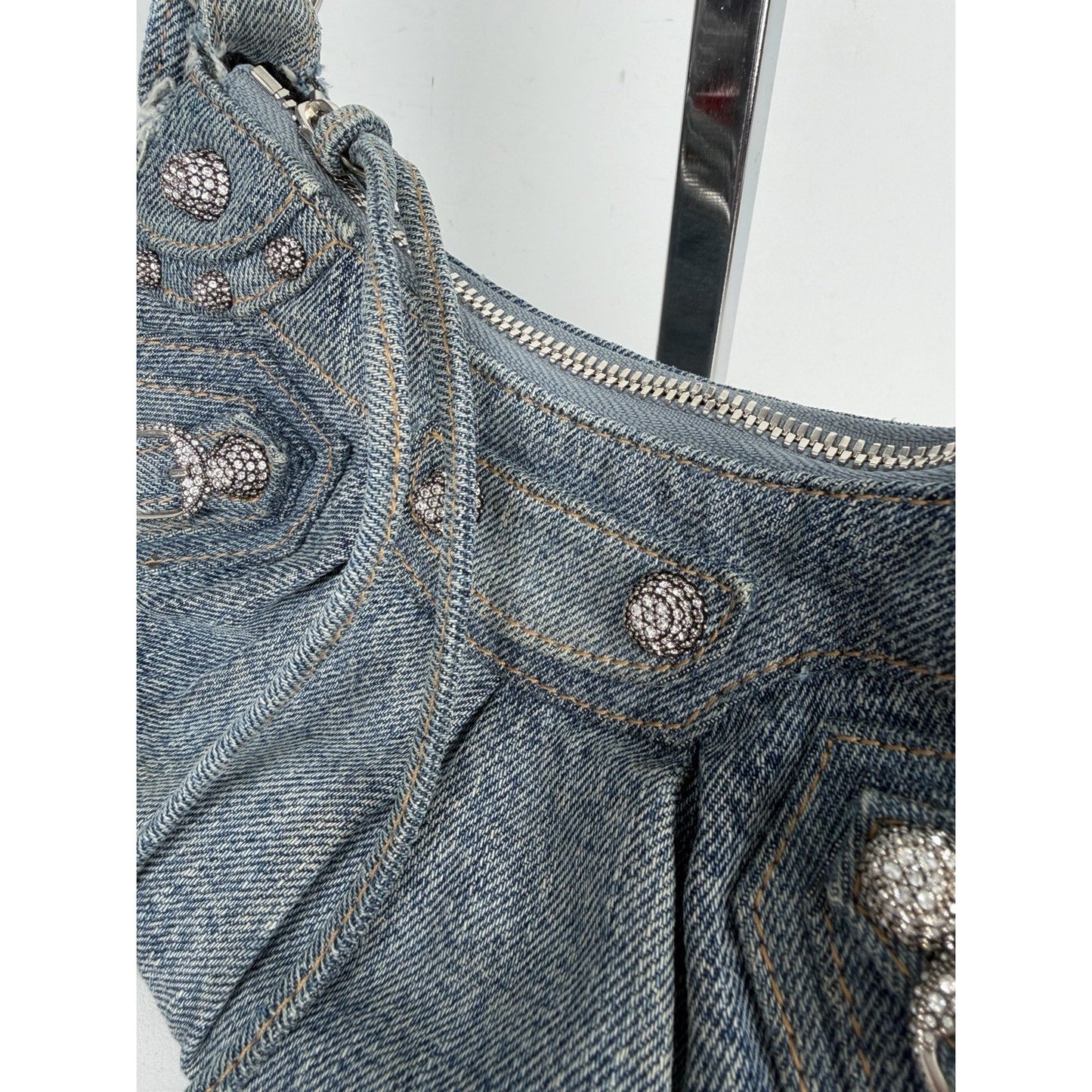 Balenciaga Le Cagole Bag XS in Blue Distressed Denim with Crystal Hardware S-01