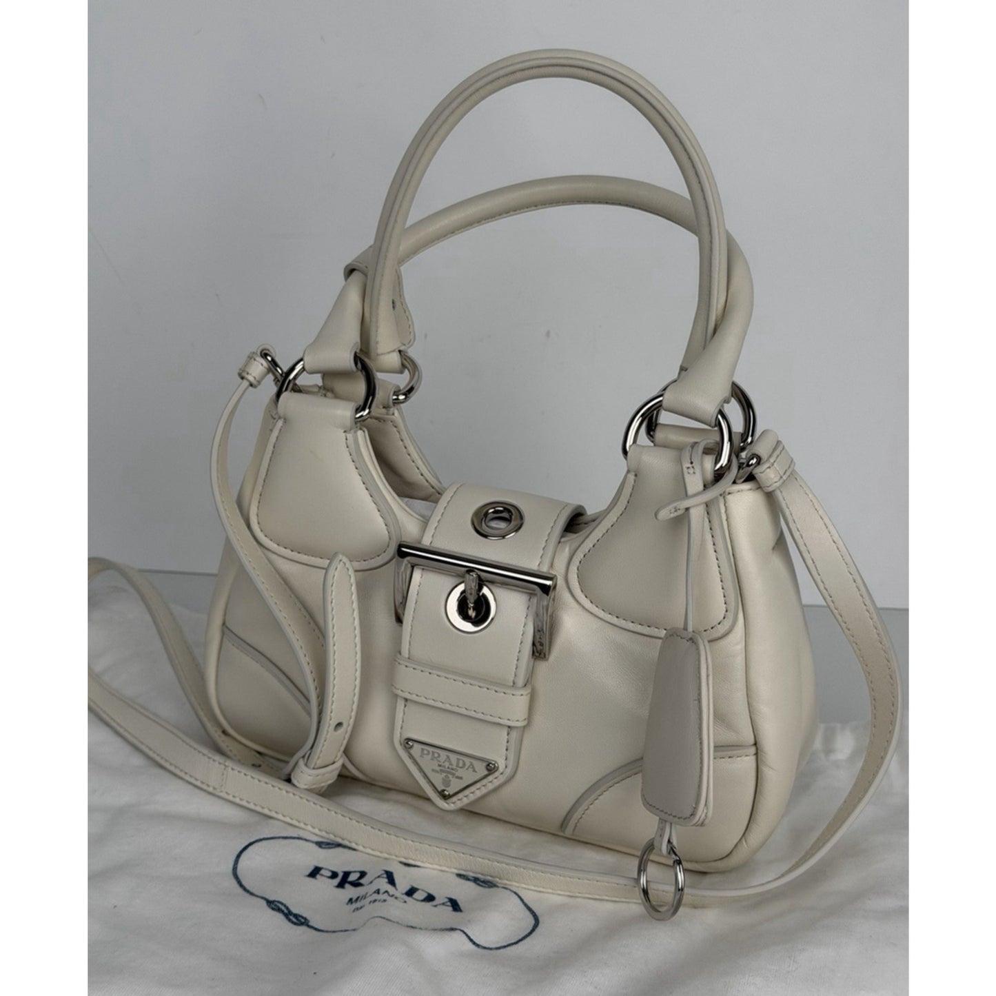 Prada Moon Padded Leather Small Hobo Bag in White Nappa Leather C9