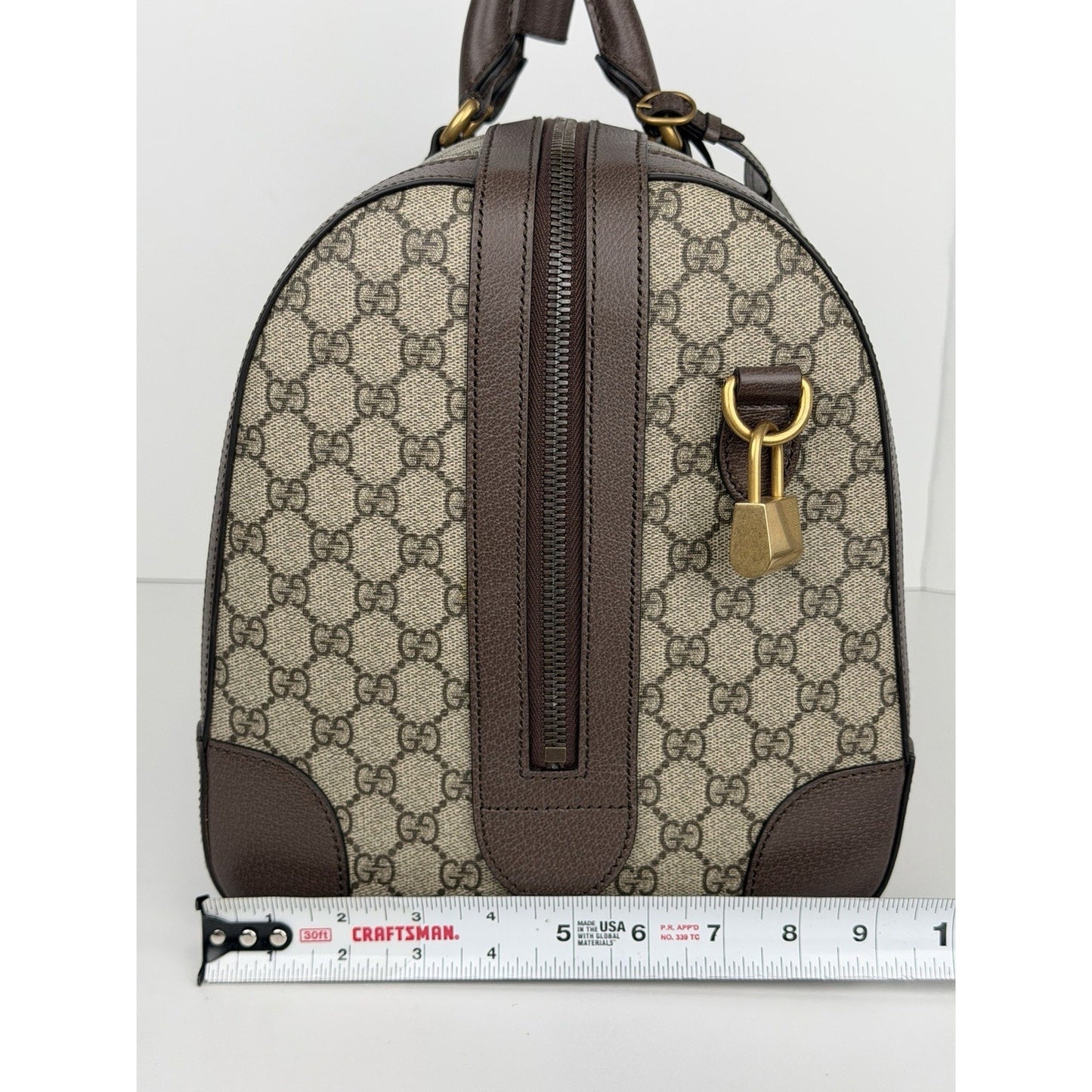 Gucci Savoy Medium Duffle Bag GG Supreme Canvas Brown Leather Trim