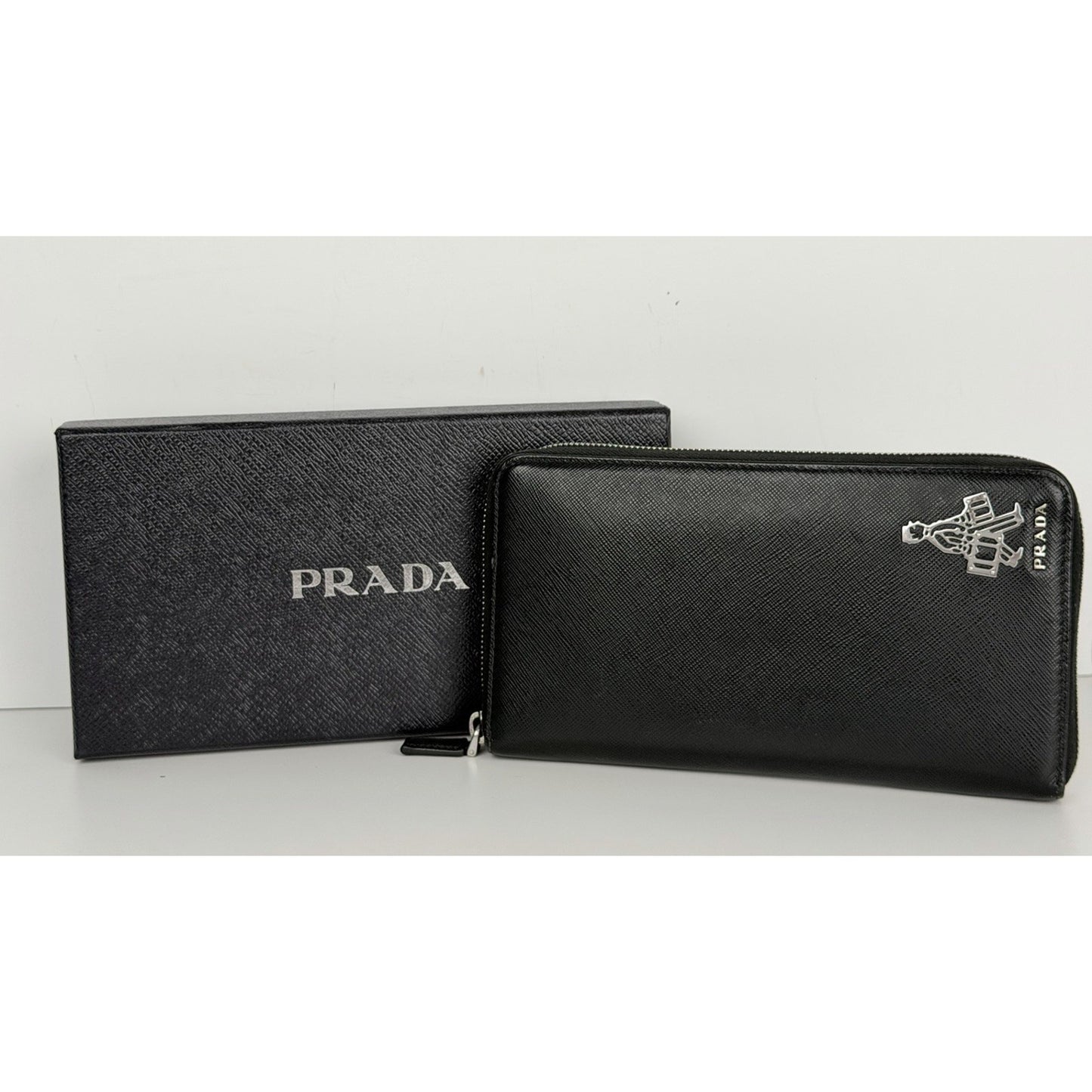 Prada Long Wallet Zip-Around in Black Saffiano Leather Silver-Tone Hardware