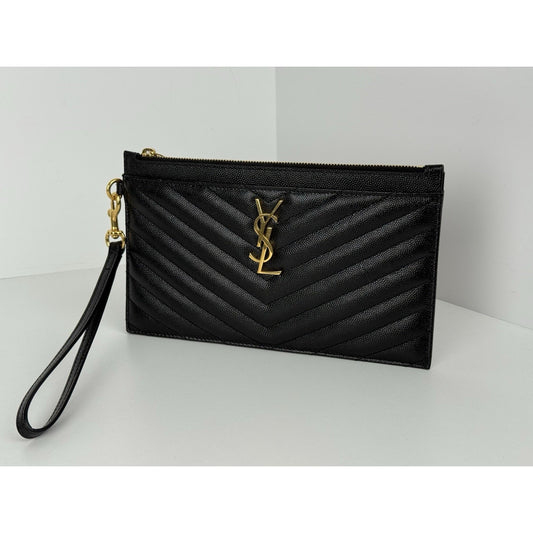 Saint Laurent Quilted Monogram Mini Strap Clutch Black with Gold Hardware