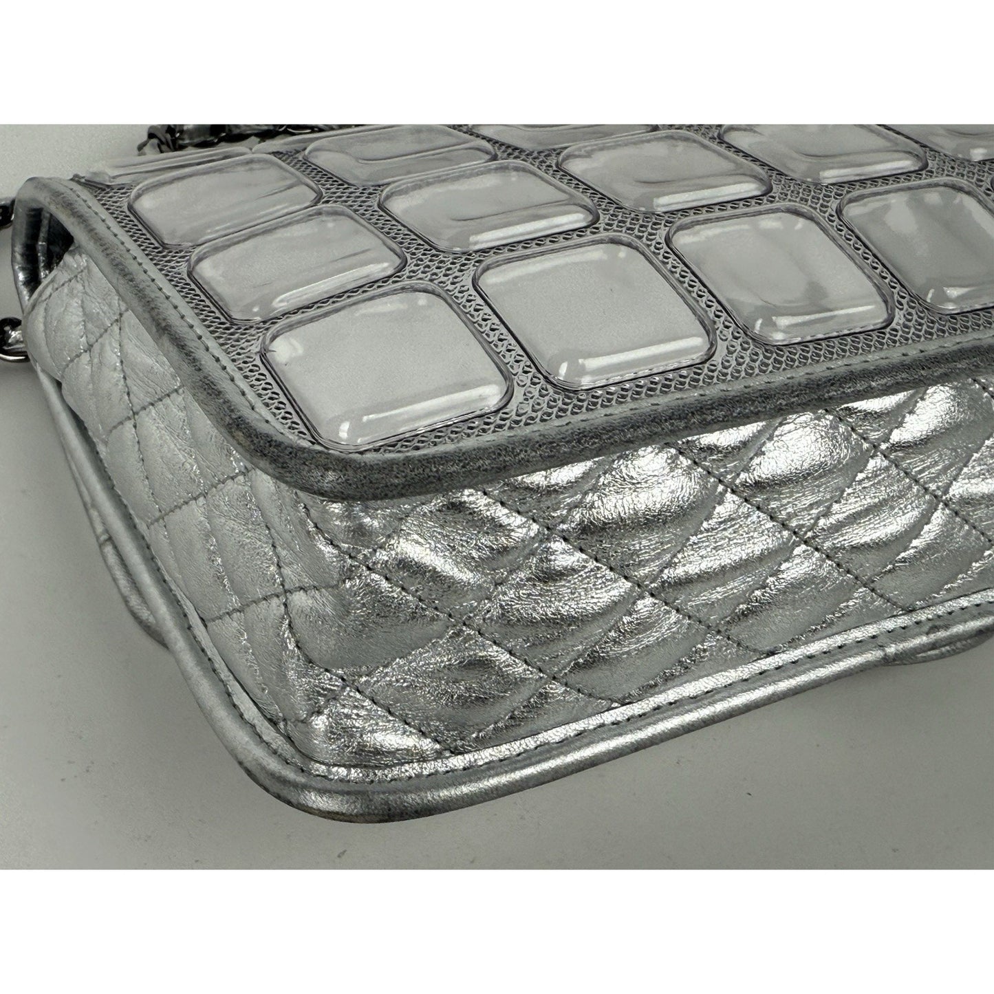 Chanel Classic Flap Ice Cube Chocolate Bar Metallic Silver PVC with Leather Trim