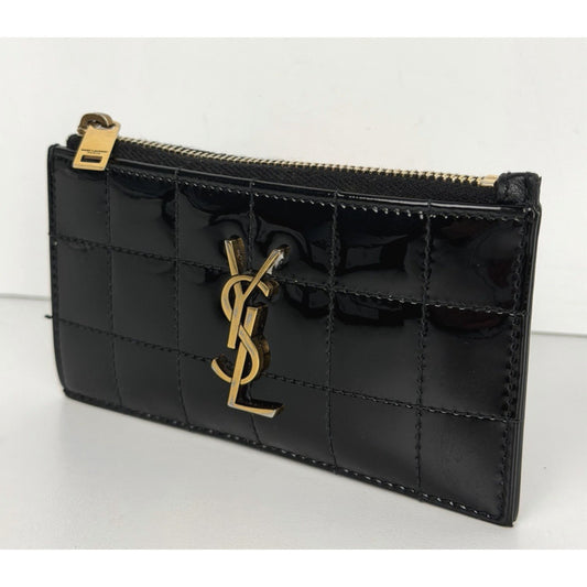 Saint Laurent Cassandre Matelasse Zipped Card Holder in Black Patent Leather
