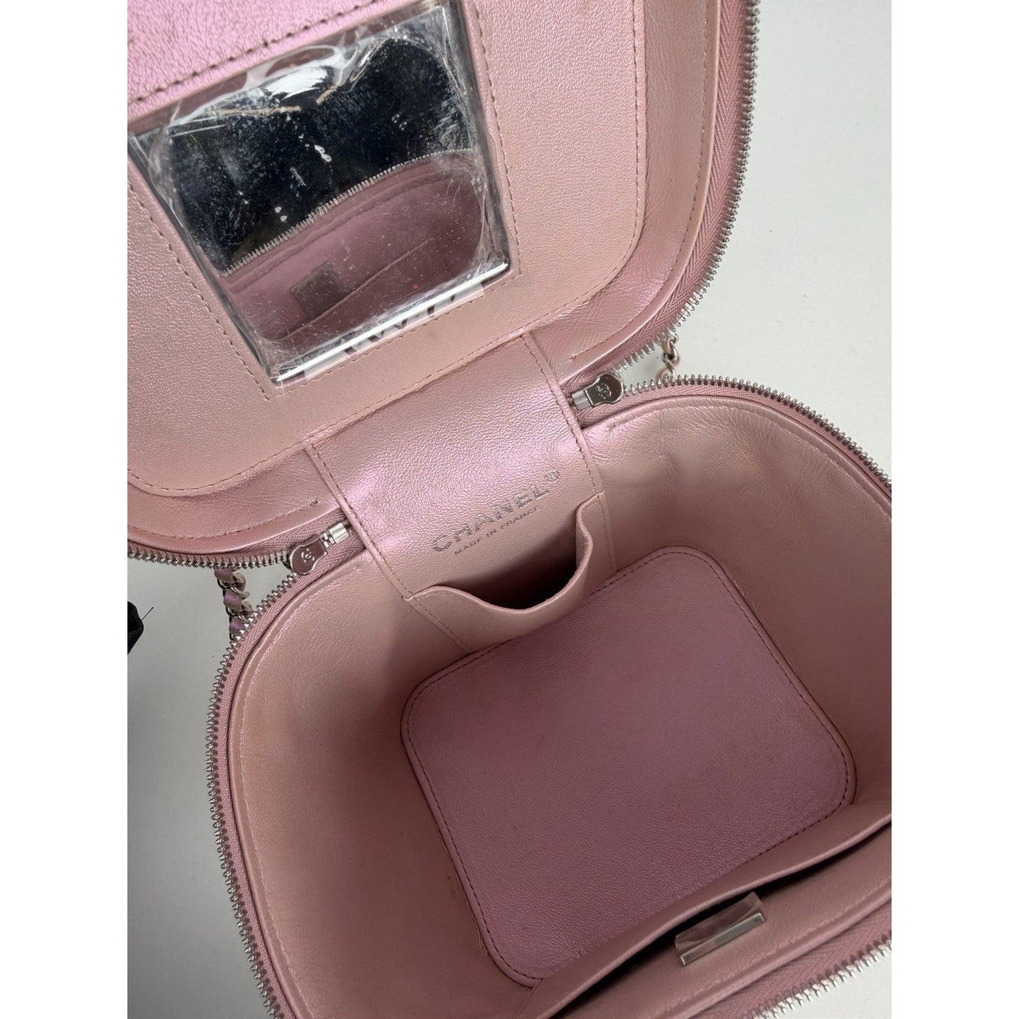 Chanel Small Top Handle Vanity Case Bag Iridescent Pink Quilted Leather NFC B
