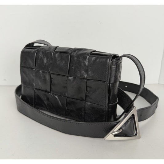 Bottega Veneta Cassette Small Shoulder Bag in Black Intrecciato Leather S06