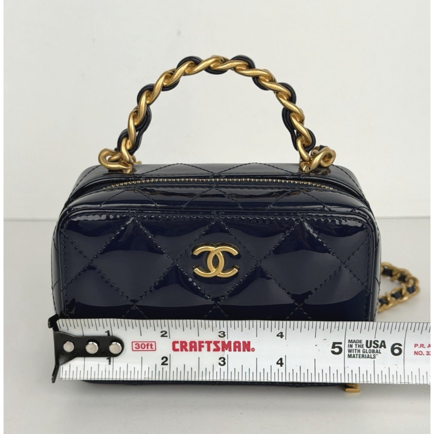 Chanel Woven Chain Top Handle Vanity Case Mini in Quilted Patent Leather NFC U3