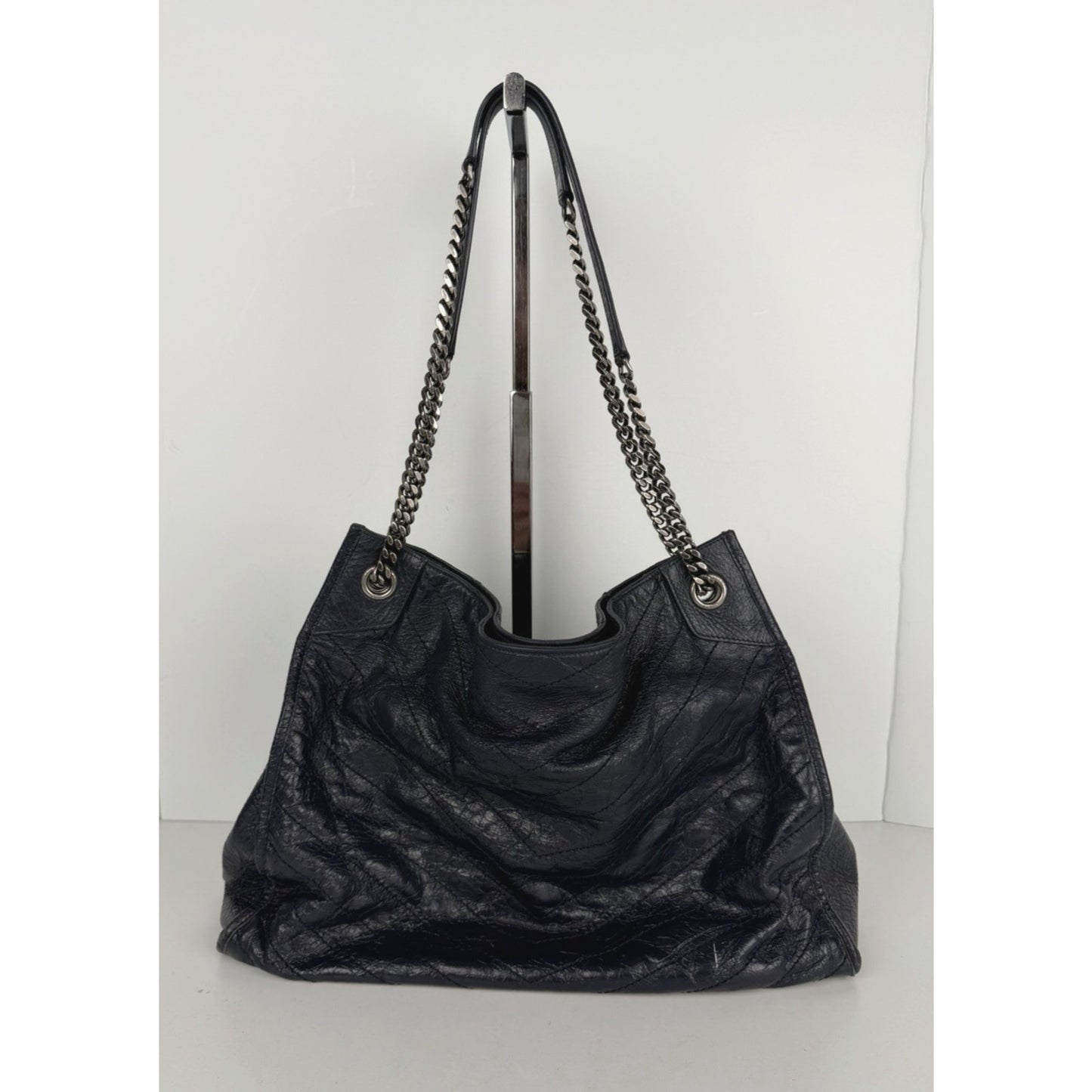 Saint Laurent Niki Shopper Tote Bag Large in Dark Navy Crinkled Leather S-13