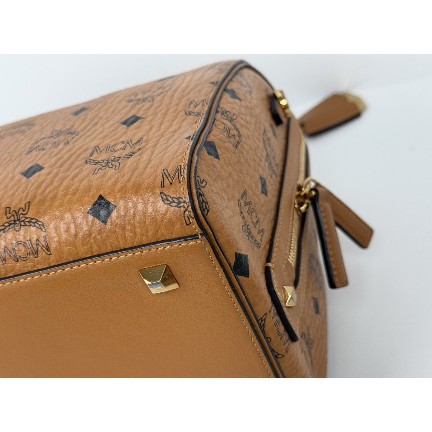 MCM Visetos Cognac Boston Satchel Handbag