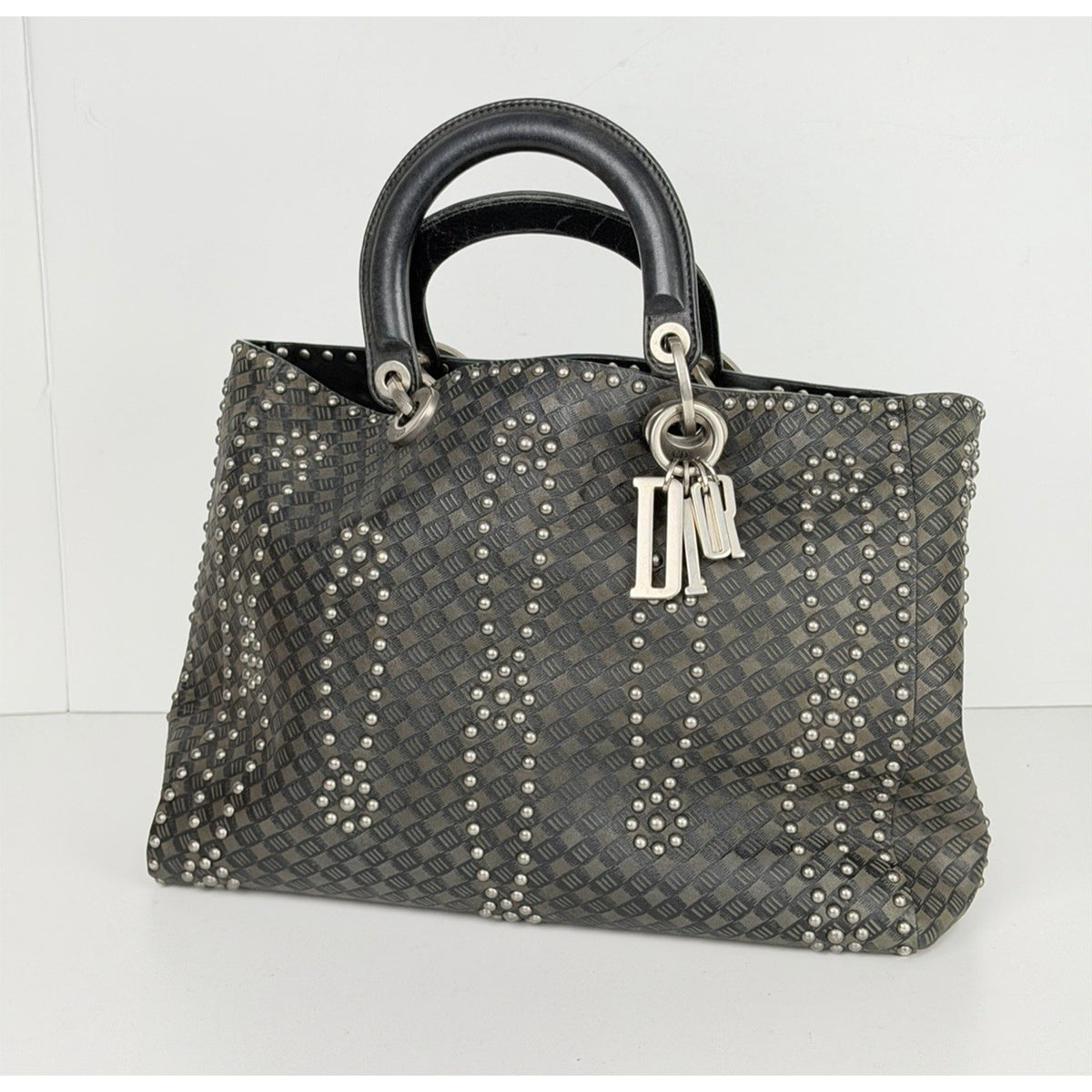Christian Dior Lady Dior Studded Medium Top Handle Bag Black Leather NFC D8